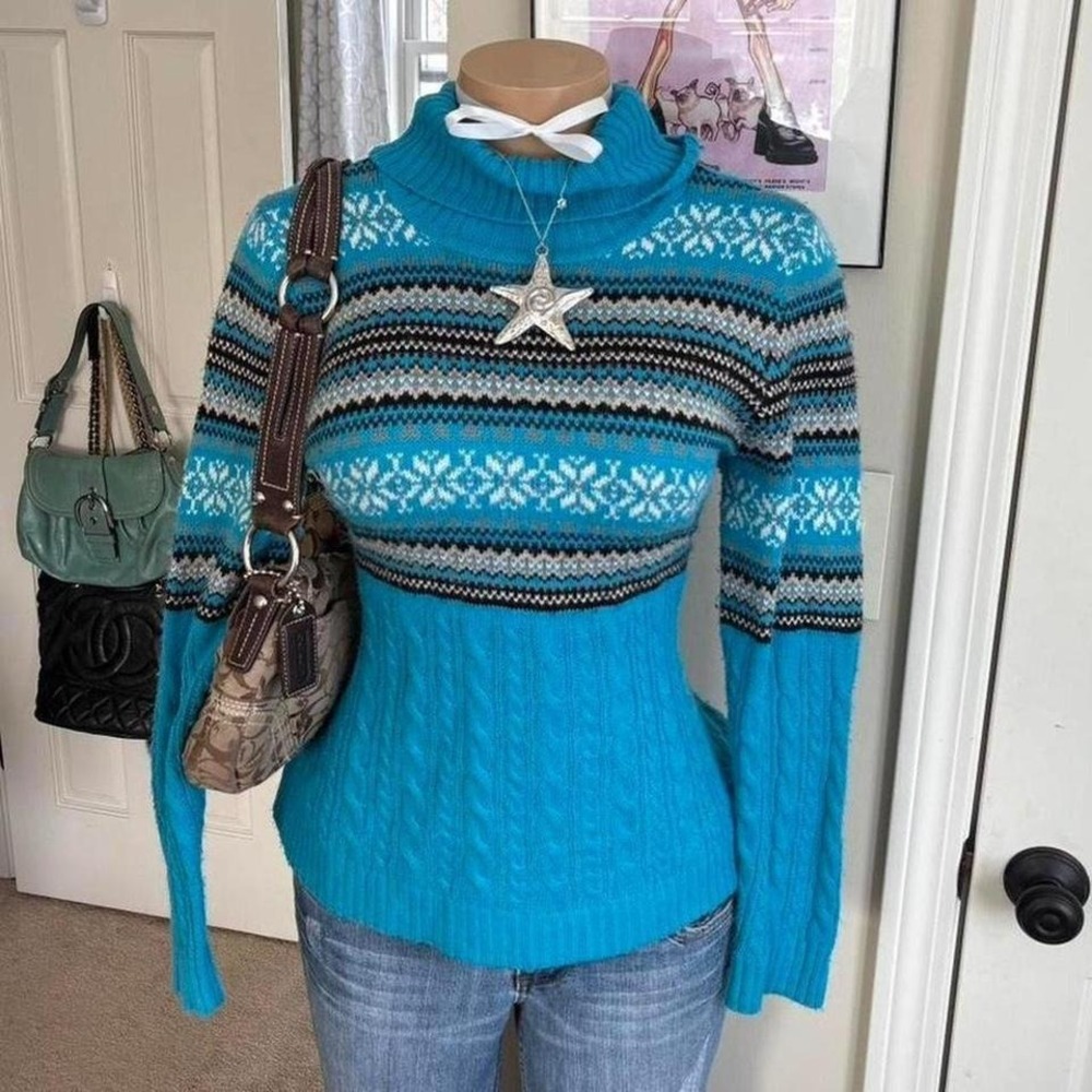 Y2K 2000s dressbarn fair isle turquoise blue turtleneck‎ sweater